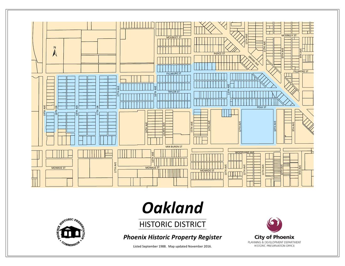 City of Phoenix map of the Oakland Historic District boundaries, highlighted in blue