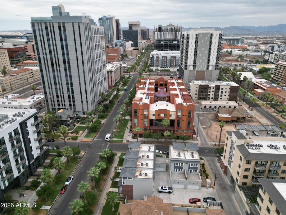 Aerial view of downtown Phoenix skyline near 808 N 2nd Avenue