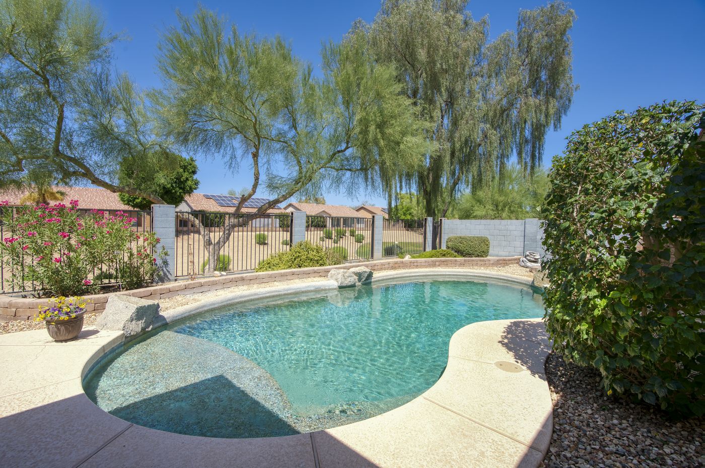 Lagoon-style pool surrounded by mature trees at 15968 W Jefferson Street
